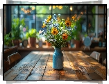 Stół, Kwiaty, Bukiet, Grafika
