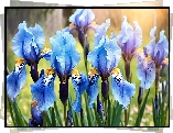 Niebieskie, Irysy, Kwiaty, Grafika AI