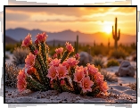 Zachód słońca, Kwitnące, Kaktusy, Czerwone, Kwiaty