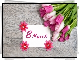 Tulipany, Kartka, Napis, 8 March, Deski, Dzień Kobiet