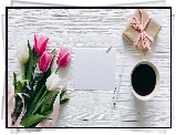 Kawa, Tulipany, Kartka, Długopis, Prezent, Deski