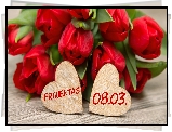 Dzień Kobiet, Bukiet, Czerwone, Tulipany, Serca, Napis