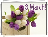 Dzień Kobiet, Bukiet, Fioletowe, Białe, Tulipany, Skrzynka, Napis