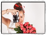 Kobieta, Bukiet, Roze, Aparat