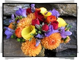 Koktajlowy, Bukiet, Dalie, Frezje, Kalie, Róże