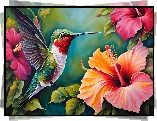 Ptak, Koliber, Hibiskus, Kolorowe, Kwiaty, Liście, Grafika