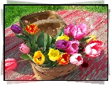 Kolorowe, Tulipany, Koszyk, Stół