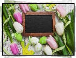 Wielkanoc, Zielone, Pisanki, Kolorowe, Tulipany, Wstążka, Ramka