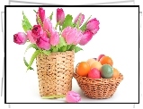 Kompozycja, Wielkanoc, Różowe, Tulipany, Koszyk, Pisanki