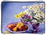 Kompozycja, Kwiaty, Bukiet, Owoce, Talerz