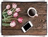 Kompozycja, Tulipany, Kawa, Telefon, Deski