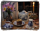Kompozycja, Ciasto, Tulipany, Świeca, Książki, Dzwonek, Okno,  Herbata, Filiżanka, Talerzyk, Dzbanek, Okulary, Serwetka