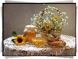 Kosz, Kwiaty, Miód, Bułki, Kompozycja