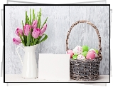 Wielkanoc, Koszyk, Pisanki, Dzbanek, Tulipany, Bukiet, Kartka, Deski