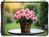 Różowe, Róże, Kwiaty, Koszyk, Stolik, Grafika