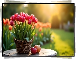 Tulipany, Koszyk, Jabłka, Stolik, Grafika