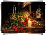 Tulipany, Koszyk, Świeca, Naszyjnik, Butelka, Wino, Kadarka,  Kieliszki