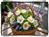 Kwiaty, Kremowe, Fioletowe, Koszyk