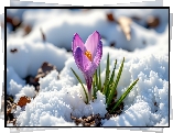 Fioletowy, Krokus, Zielone, Listki, Śnieg