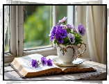 Kwiaty, Bratki, Filiżanka, Książka, Parapet, Okno