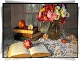 Książki, Bukiet, Kwiatów, Wazon, Serweta