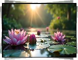 Różowe, Lilie wodne, Kwiaty, Grafika, Światło słoneczne Kwiat