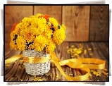Bukiet, Kwiatów, Żółte, Chryzantemy, Koszyczek, Wstążka, Płatki