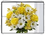 Bukiet, Kwiatów, Alstremerie, Margerytki, Żółte, Róże