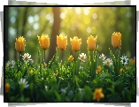 Żółte, Tulipany, Białe, Kwiaty, Słoneczny blask