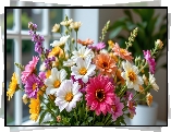 Kolorowe, Kwiaty, Bukiet, Okno, Grafika
