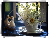 Bukiet, Kwiaty, Rumianki, Filiżanka, Talerzyk, Figurki, Kaczki