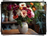 Różnokolorowe, Kwiaty, Bukiet, Wazon, Stół