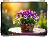 Fioletowo-białe, Bratki, Kwiaty, Koszyk, Grafika