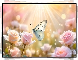 Motyl, Różowe, Róże, Kwiaty, Słońce, Grafika