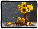 Kwiaty, Bukiet, Słoneczniki, Gruszki, Kompozycja