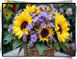 Bukiet, Słoneczniki, Jasnofioletowe, Kwiaty, Koszyk, Grafika AI