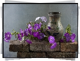 Kwiaty, Wazon, Fioletowe, Petunie, Kamienie, Kompozycja