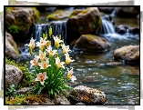 Lilie, Kwiaty, Kamienie, Rzeka, Grafika