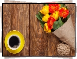 Kwiaty, Kolorowe, Tulipany, Papier, Sznurek, Filiżanka, Kawa, Deski, Kompozycja