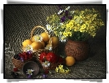 Kwiaty, Kosz, Owoce,Morele, Truskawki