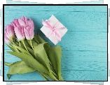 Kwiaty, Tulipany, Prezent, Niebieskie, Tło