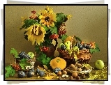 Kwiaty, Bukiet, Sloneczniki, Owoce, Warzywa