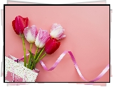 Kwiaty, Tulipany, Torebka, Wstążka, Różowe, Tło