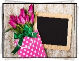 Kwiaty, Tulipany, Wstążka, Torebka, Tabliczka