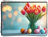 Kwiaty, Żółto-czerwone, Tulipany, Wazon, Pisanki, Wielkanoc, Niebieskie, Tło