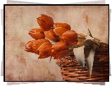 Kwiaty, Pomarańczowe, Tulipany, Liście, Wiklinowy, Kosz