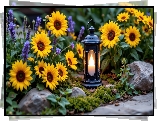 Kwiaty, Słoneczniki ozdobne, Lampion, Kamienie, AI