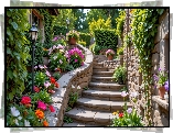 Kamienne, Schody, Domy, Latarnia, Kwiaty, Krzewy