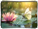 Biały, Motyl, Różowa, Lilia wodna, Grafika