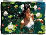 Grafika, Kobieta, Woda, Lilie wodne, Kwiaty